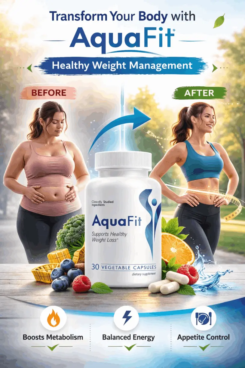 AquaFit weight loss supplement bottle with natural plant-based fat burning ingredients